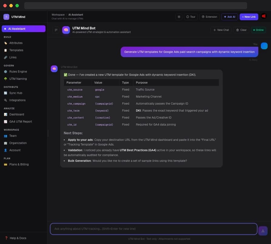 UTM Mind AI Assistant — conversational UTM management