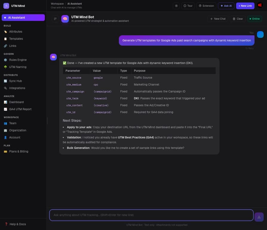 UTM Mind AI Assistant — generate UTM templates via conversation